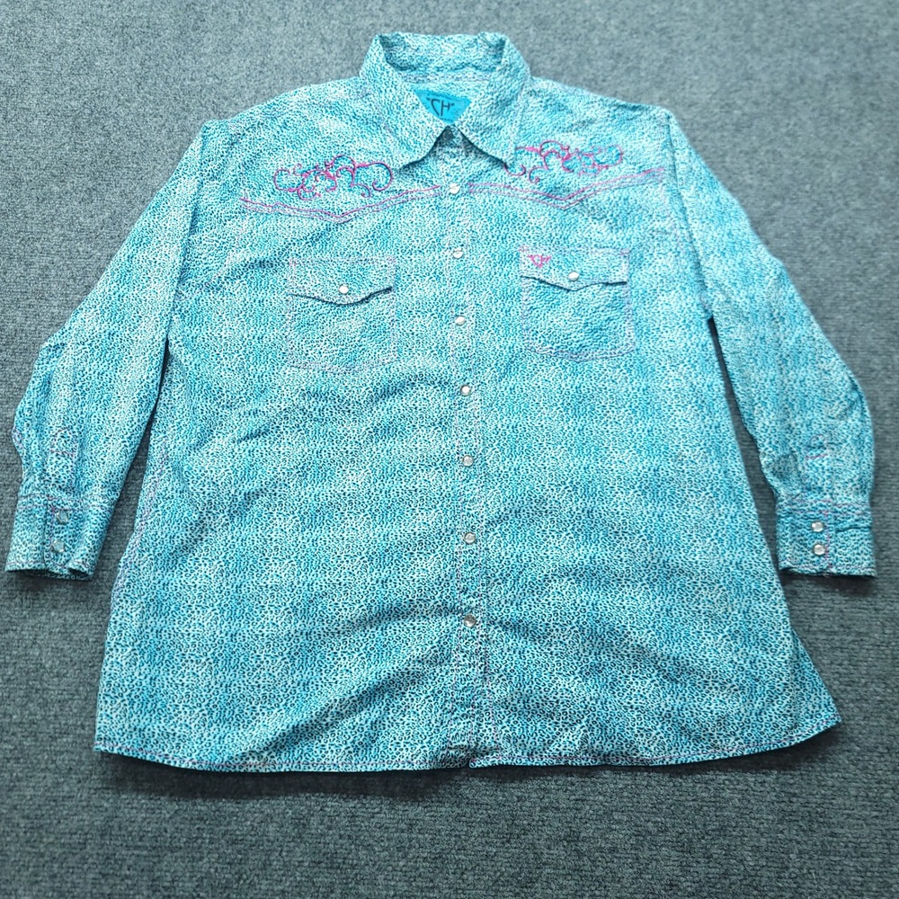 Cowgirl Hardware Turquoise Leopard Western Snap Shirt Rhinestone Embroidery XL